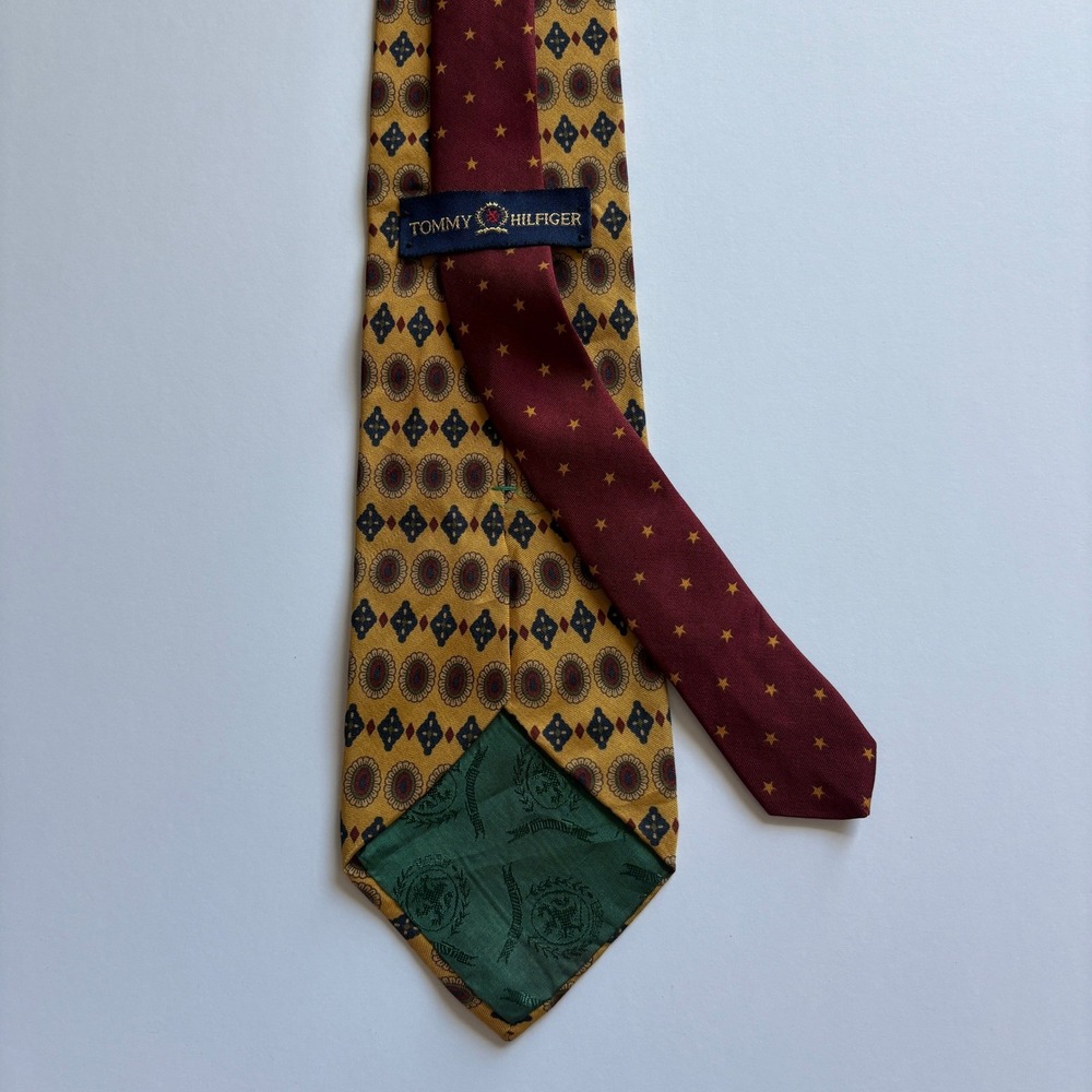 Tommy Hilfiger Vintage 1990s 100% Silk Tie Yellow Medallion Burgundy Made in USA